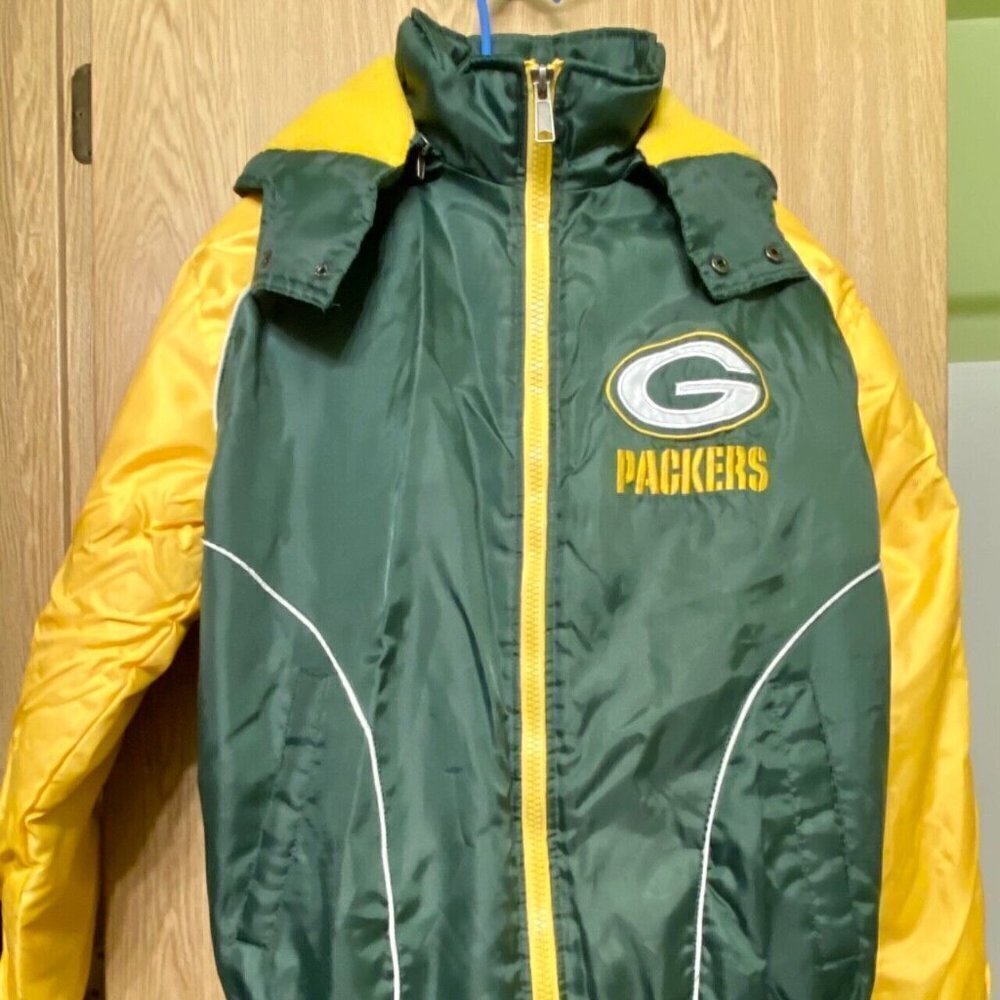 Green Bay Packers Jacket Men's Large Hooded‎ Removeable Green Yellow GB Logo EUC